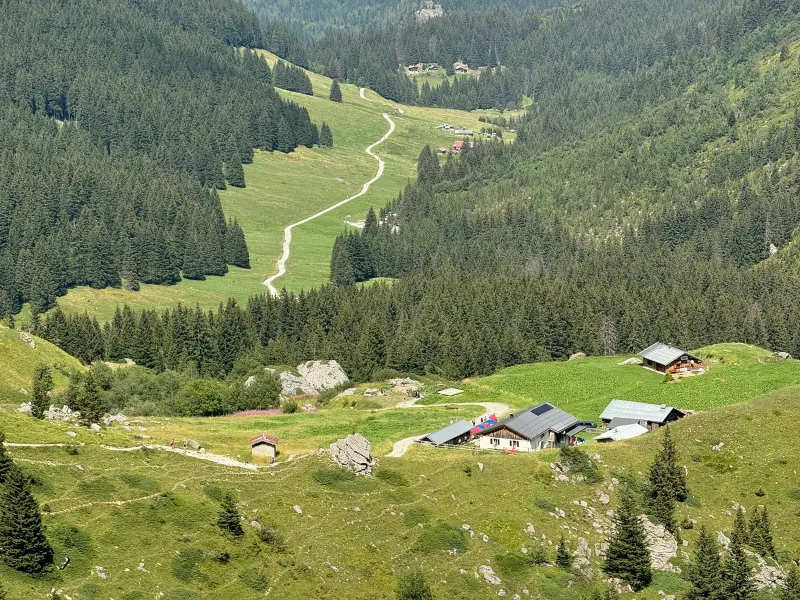 Alpine pasture and scattered chalets seen from the trail